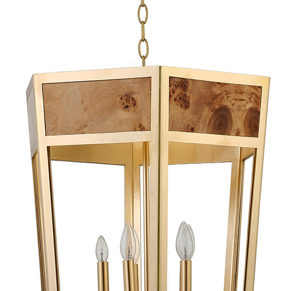 Reynolds Five Light Burlwood and Gold Metal Hexagon Pendant Light