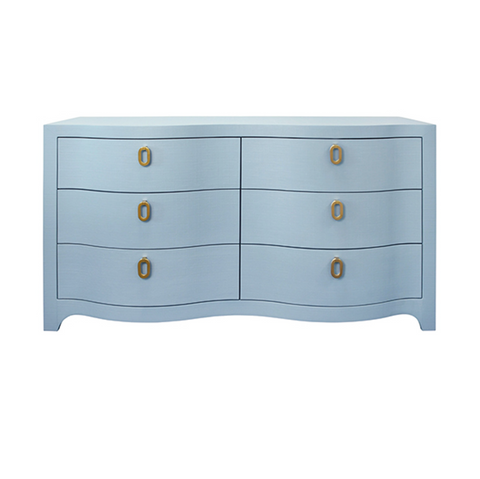 Rosie Textured Light Blue Linen Curved Front Six Drawer Chest with Satin Brass Hardware