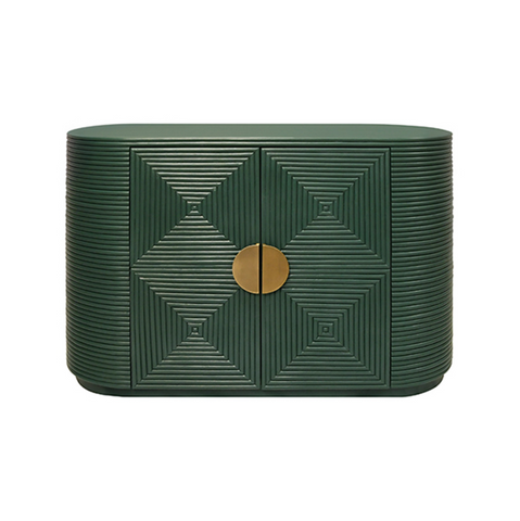 Roger Painted Green Two Door Rattan Reeded Cabinet with Curved Ends