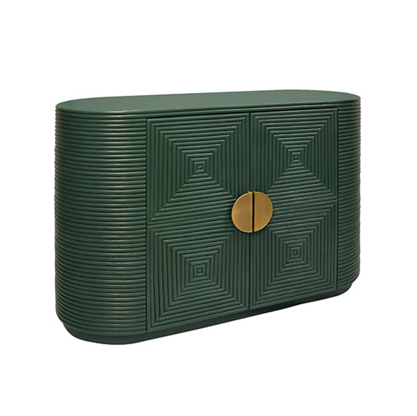 Roger Painted Green Two Door Rattan Reeded Cabinet with Curved Ends