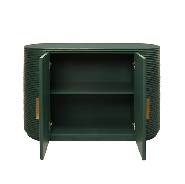 Roger Painted Green Two Door Rattan Reeded Cabinet with Curved Ends