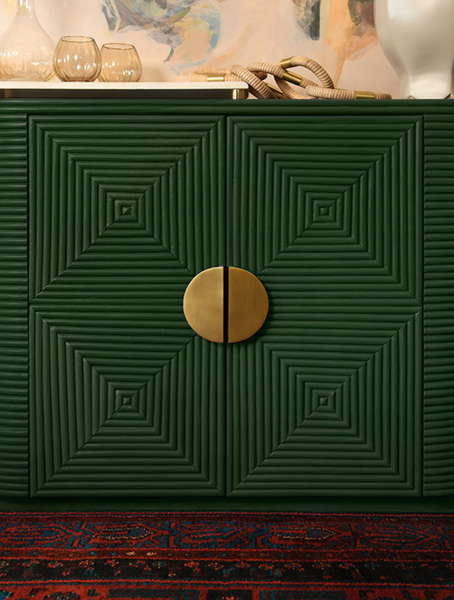 Roger Painted Green Two Door Rattan Reeded Cabinet with Curved Ends