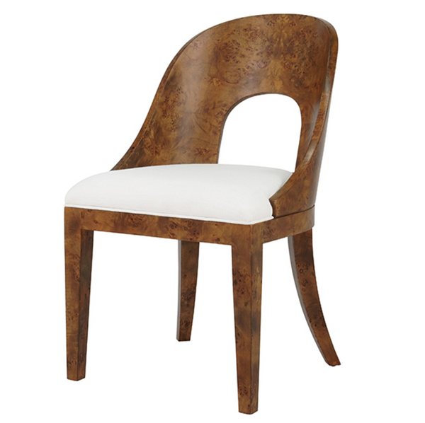 Rafferty Dark Burlwood Curved Back Dining Chair with White Performance Linen Seat