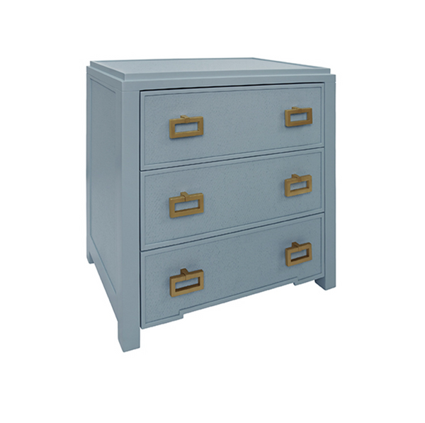 Radley Light Blue Grasscloth and Matte Lacquer Three Drawer Side Table with Satin Brass Drawer Pulls