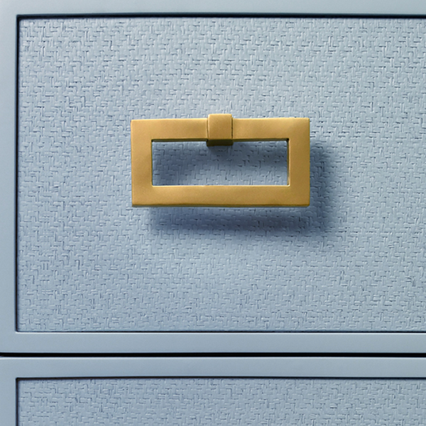 Radley Light Blue Grasscloth and Matte Lacquer Three Drawer Side Table with Satin Brass Drawer Pulls