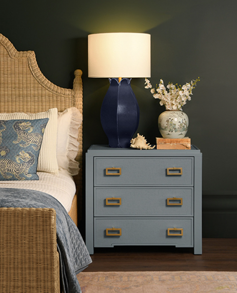 Radley Light Blue Grasscloth and Matte Lacquer Three Drawer Side Table with Satin Brass Drawer Pulls