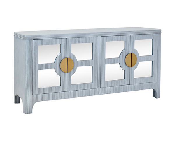 Opal Light Blue Rattan and Mirror Four Door Buffet