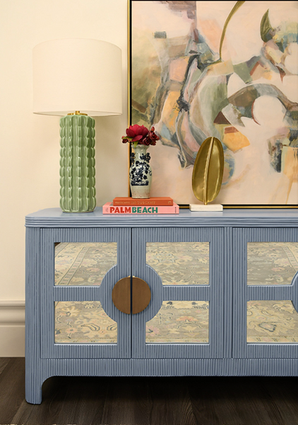 Opal Light Blue Rattan and Mirror Four Door Buffet