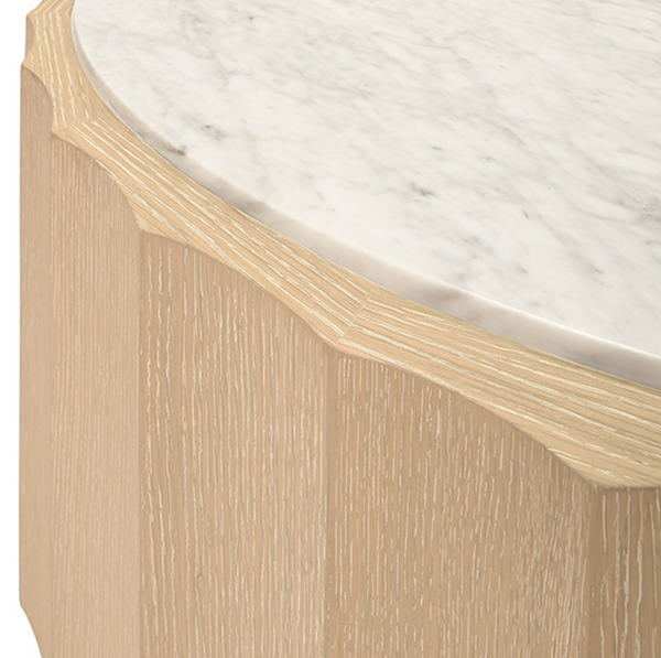 Moore Fluted Cerused Oak and White Carrara Marble Round Coffee Table