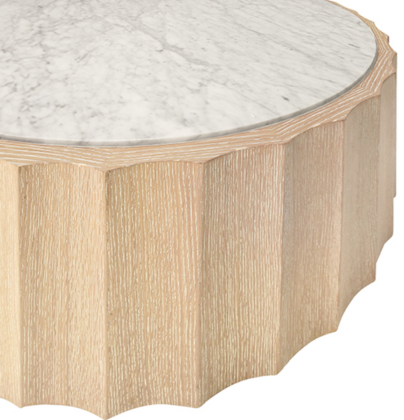Moore Fluted Cerused Oak and White Carrara Marble Round Coffee Table