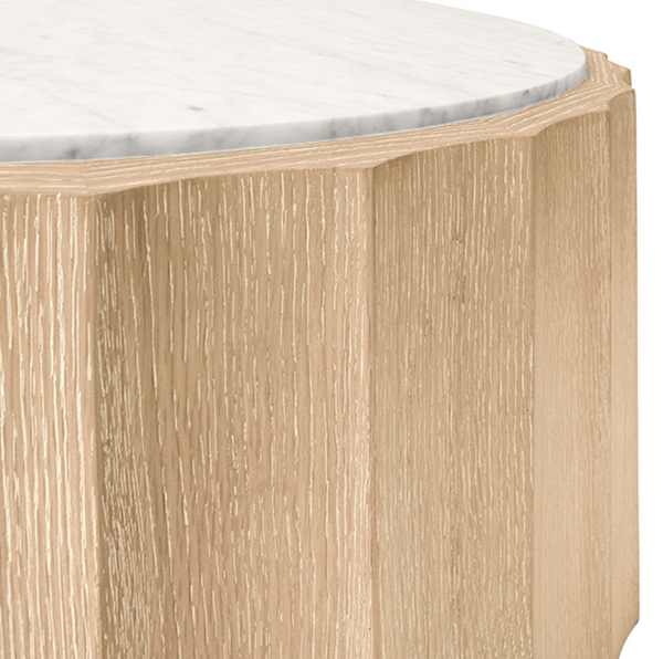Moore Fluted Cerused Oak and White Carrara Marble Round Coffee Table