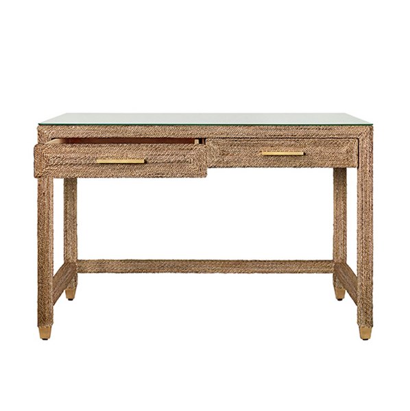 Noble Wrapped Rope, Glass Top, Two Drawer Desk with Brass Hardware