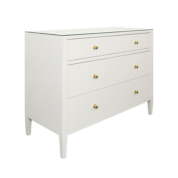 Michelle Textured White Linen, Glass Top, Four Drawer Chest With Brass Knobs