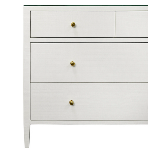 Michelle Textured White Linen, Glass Top, Four Drawer Chest With Brass Knobs
