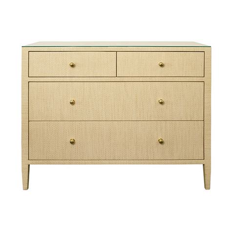 Michelle Natural Grasscloth, Glass Top, Four Drawer Chest with Brass Knobs