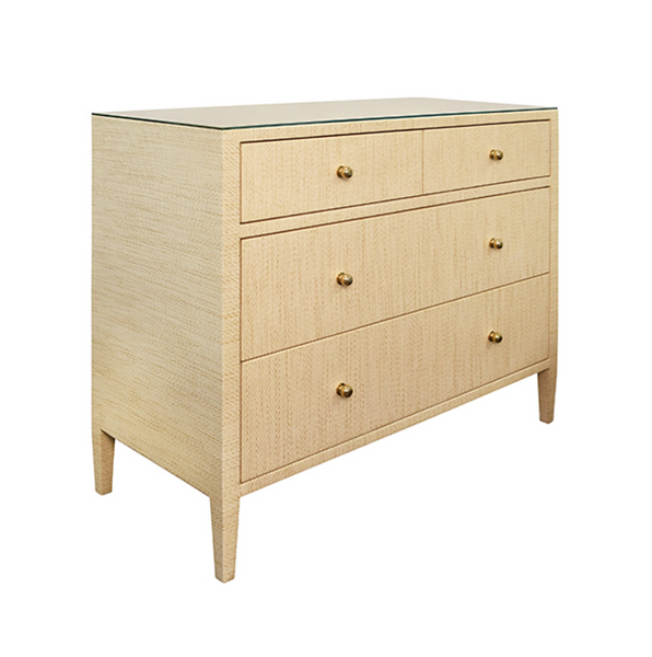 Michelle Natural Grasscloth, Glass Top, Four Drawer Chest with Brass Knobs