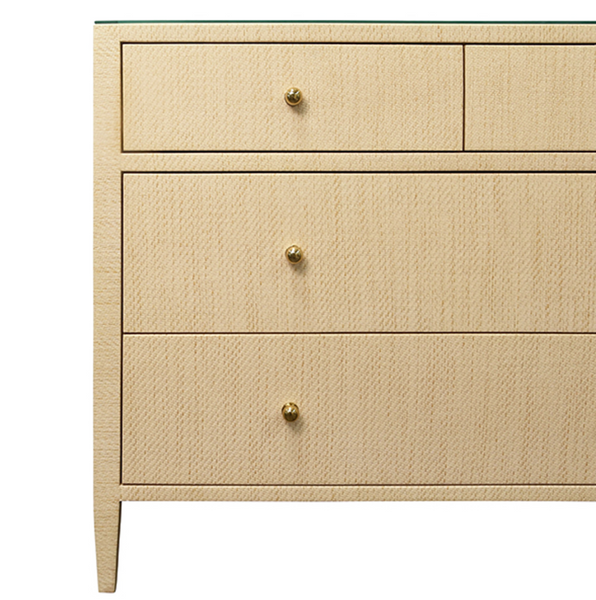 Michelle Natural Grasscloth, Glass Top, Four Drawer Chest with Brass Knobs