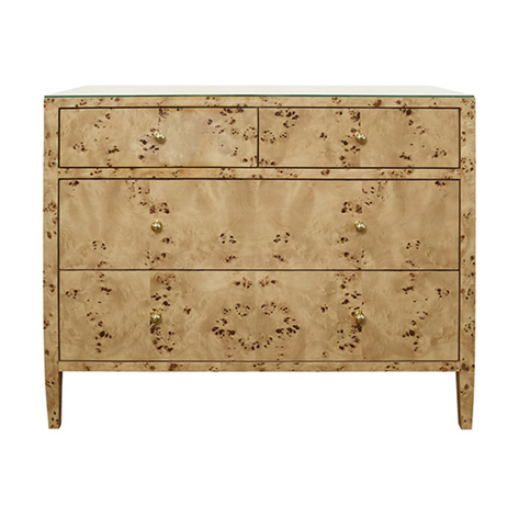 Michelle Burlwood, Glass Top, Four Drawer Chest with Brass Knobs
