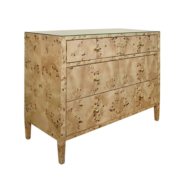 Michelle Burlwood, Glass Top, Four Drawer Chest with Brass Knobs