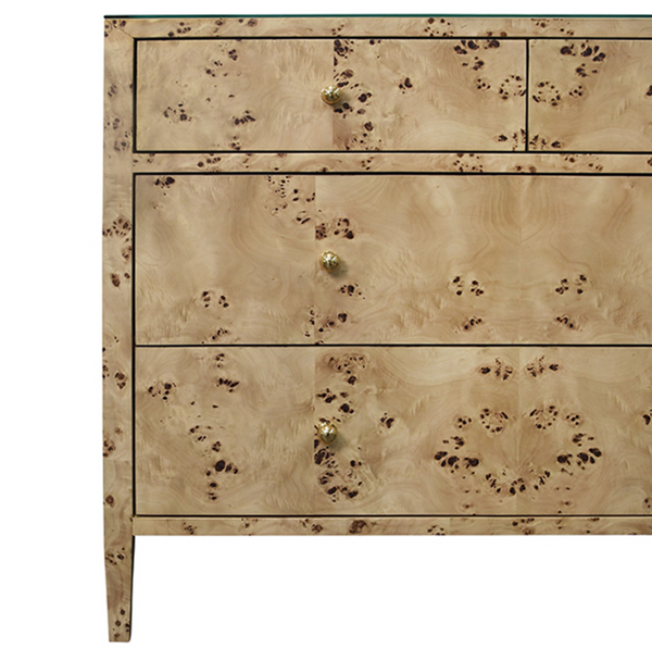Michelle Burlwood, Glass Top, Four Drawer Chest with Brass Knobs