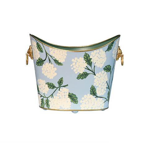 Handpainted Periwinkle and White Hydrangea Design Oval Metal Wastebasket with Goldtone Lionhead Handles