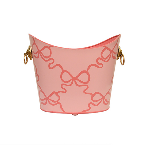 Handpainted Pink and Peach Bows Oval Metal Wastebasket with Goldtone Lionhead Handles