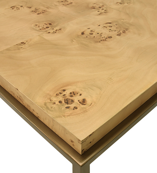 Hardwick Light Burl Wood and Antique Brass Frame Coffee Table