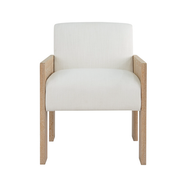 Astor Cerused Oak Square Arm Wooden Accent Chair with White Performance Linen Upholstery