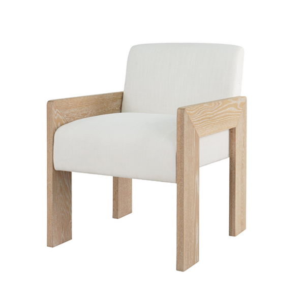 Astor Cerused Oak Square Arm Wooden Accent Chair with White Performance Linen Upholstery