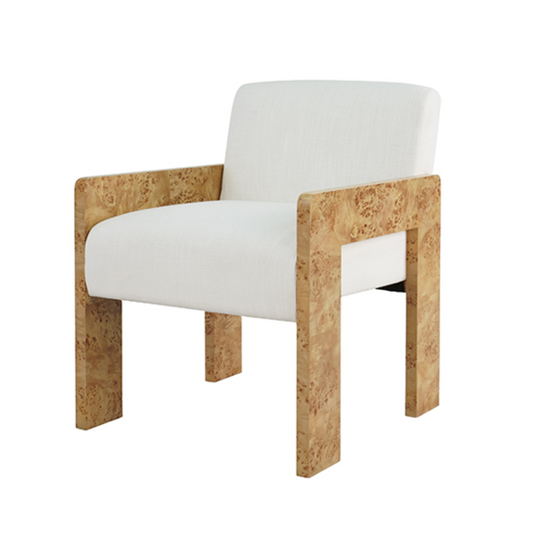 Astor Light Burlwood Square Arm Accent Chair with White Performance Linen Upholstery