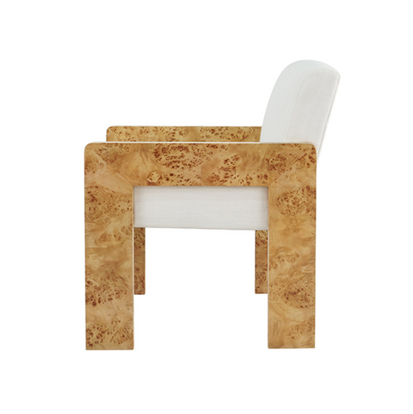Astor Light Burlwood Square Arm Accent Chair with White Performance Linen Upholstery