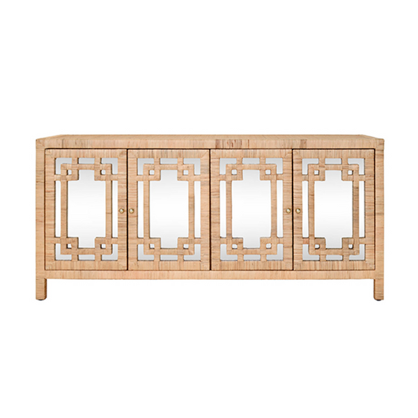 Granada Natural Rattan Four Door Buffet with Mirror Front Doors and Brass Knobs