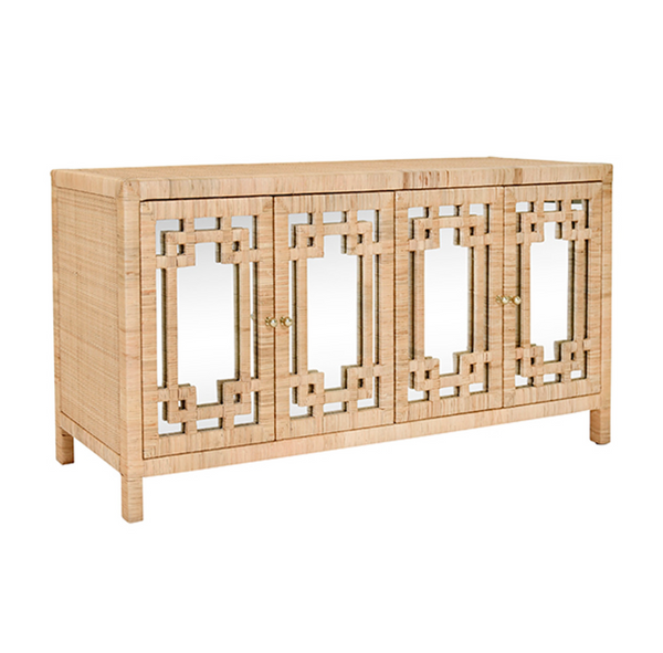 Granada Natural Rattan Four Door Buffet with Mirror Front Doors and Brass Knobs