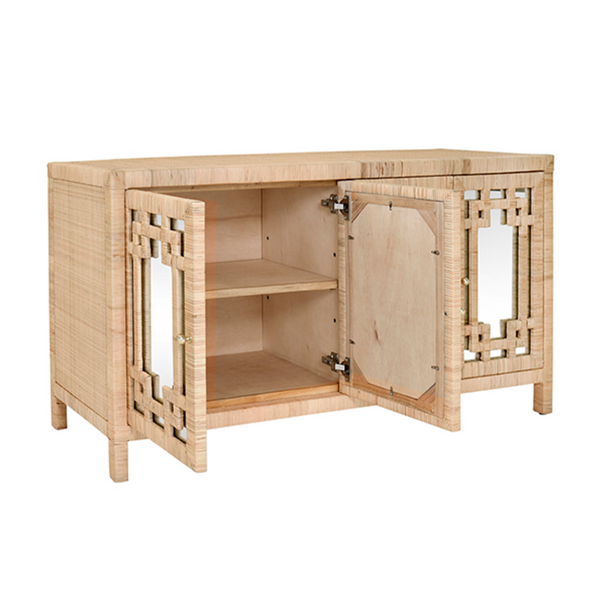 Granada Natural Rattan Four Door Buffet with Mirror Front Doors and Brass Knobs