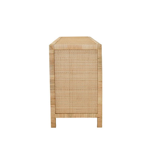 Granada Natural Rattan Four Door Buffet with Mirror Front Doors and Brass Knobs