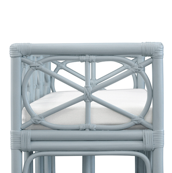 Ferguson Light Blue Rattan Bench with Ivory Linen Performance Cushion