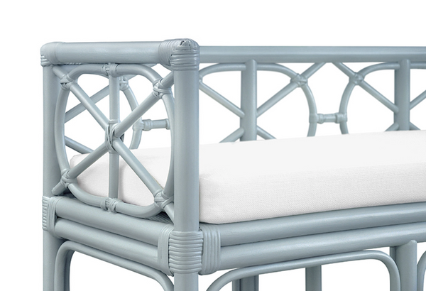 Ferguson Light Blue Rattan Bench with Ivory Linen Performance Cushion