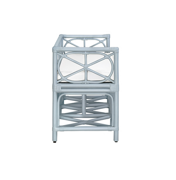 Ferguson Light Blue Rattan Bench with Ivory Linen Performance Cushion