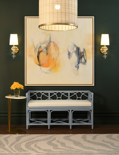 Ferguson Light Blue Rattan Bench with Ivory Linen Performance Cushion