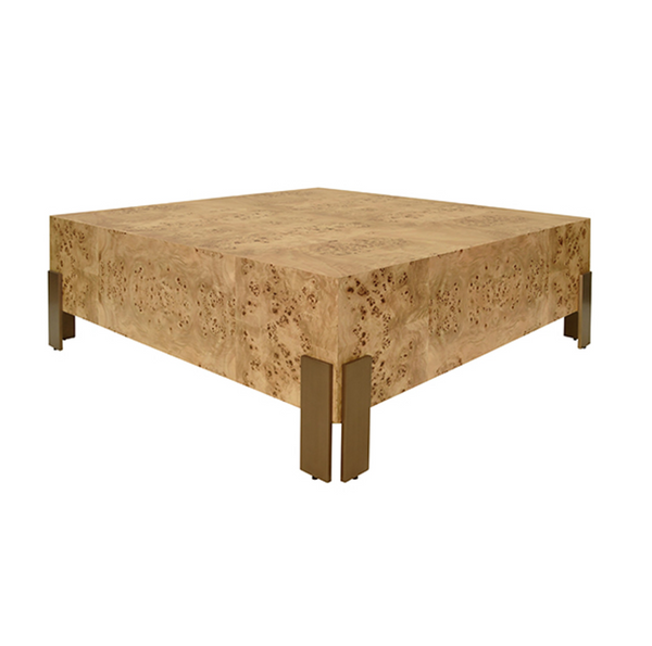 Enid Light Burlwood 48" Square Coffee Table with Antique Brass Leg Brackets