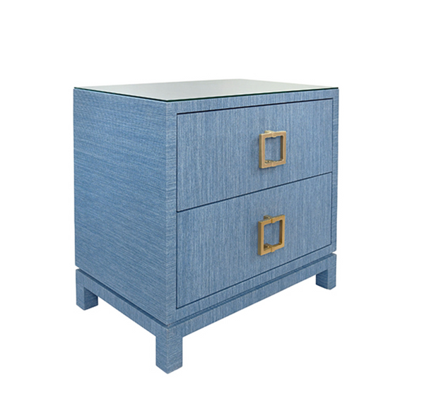 Cole Light Blue Dyed Grasscloth Two Drawer Side Table with Glass Top and Satin Brass Drawer Pulls