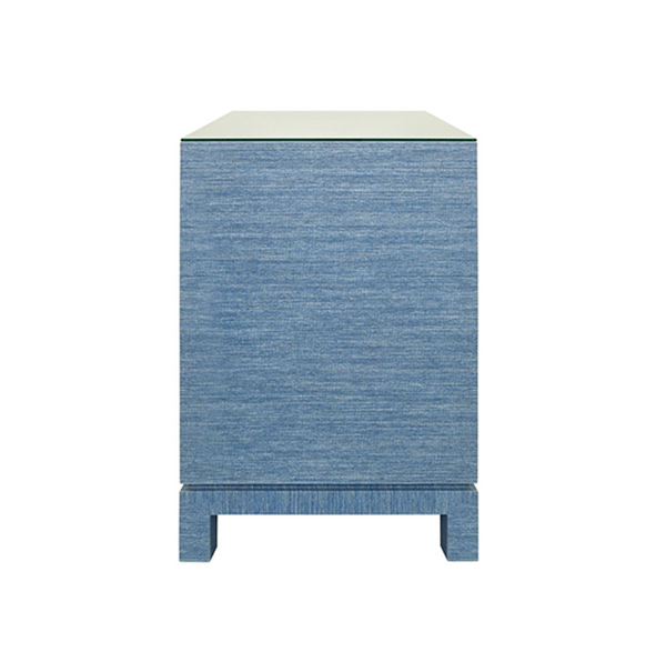 Cole Light Blue Dyed Grasscloth Two Drawer Side Table with Glass Top and Satin Brass Drawer Pulls