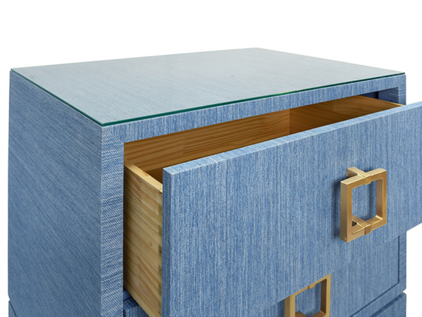 Cole Light Blue Dyed Grasscloth Two Drawer Side Table with Glass Top and Satin Brass Drawer Pulls