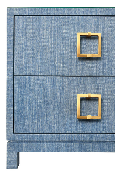 Cole Light Blue Dyed Grasscloth Two Drawer Side Table with Glass Top and Satin Brass Drawer Pulls