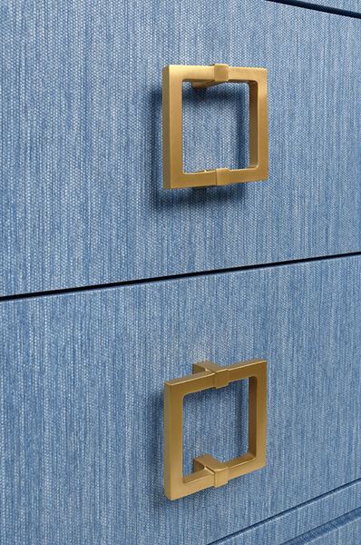 Cole Light Blue Dyed Grasscloth Two Drawer Side Table with Glass Top and Satin Brass Drawer Pulls