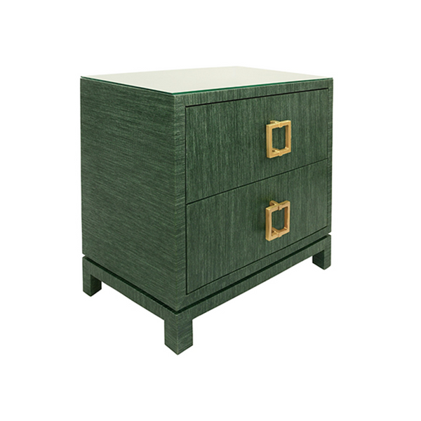 Cole Green Dyed Grasscloth Side Table with Glass Top and Satin Brass Drawer Pulls