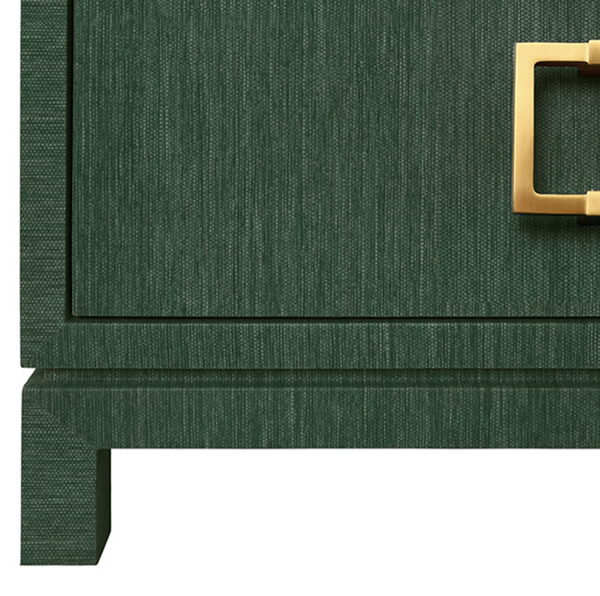 Cole Green Dyed Grasscloth Side Table with Glass Top and Satin Brass Drawer Pulls