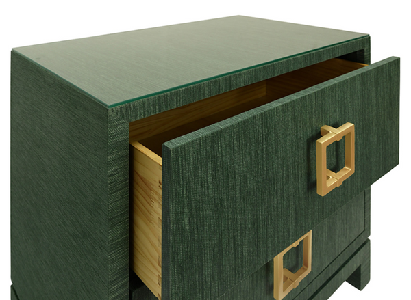 Cole Green Dyed Grasscloth Side Table with Glass Top and Satin Brass Drawer Pulls