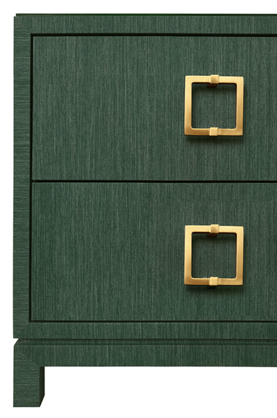 Cole Green Dyed Grasscloth Side Table with Glass Top and Satin Brass Drawer Pulls