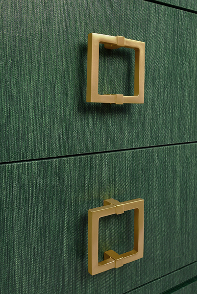 Cole Green Dyed Grasscloth Side Table with Glass Top and Satin Brass Drawer Pulls